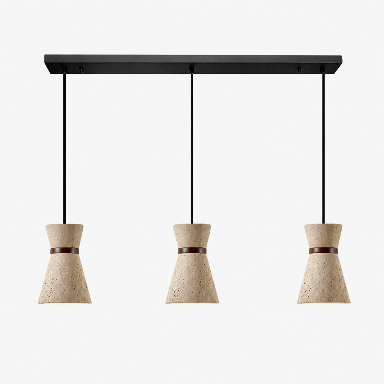 Three head travertine stone pendant light with black linear canopy