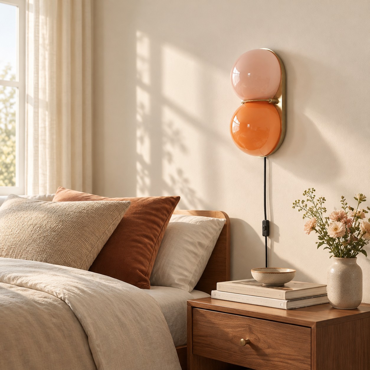Two globe glass wall sconce beside a sofa
