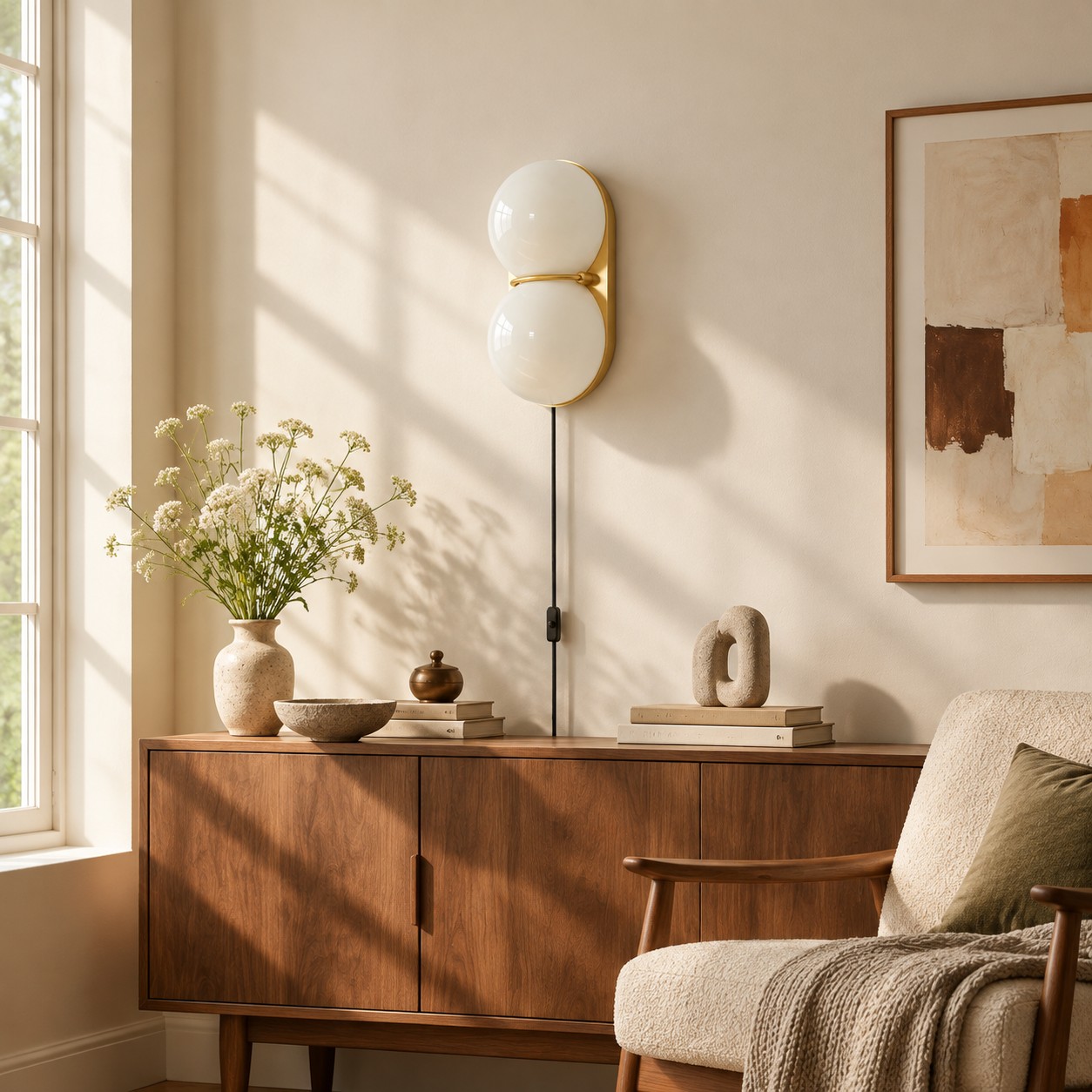 Orange glass wall sconce in a living room