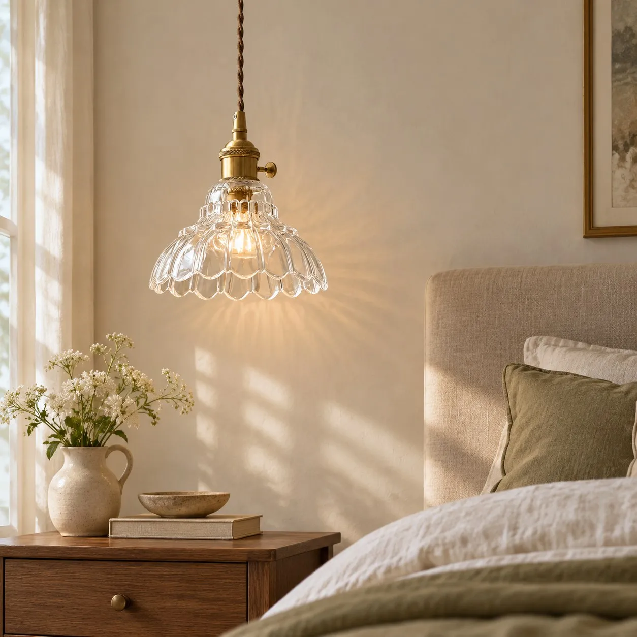 Clear bell flower glass pendant light in a bedroom